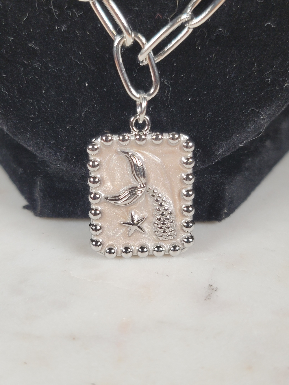 Silver Layered Pendant Necklace with Pale Pink Mermaid Tail Pendant - Picture 2 of 2